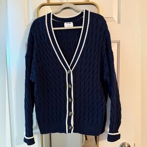 Oversized Navy Blue Cable Knit Cardigan Sweater
